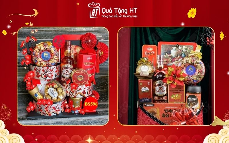 Giỏ quà Tết 500K – Hạt dinh dưỡng tổng hợp (óc chó, hạnh nhân, mắc ca) rượu trái cây nhẹ