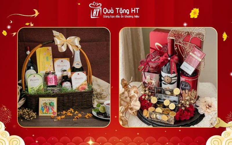 Giỏ quà Tết 450K – Giỏ quà tết rượu vang đà lạt + hộp bánh