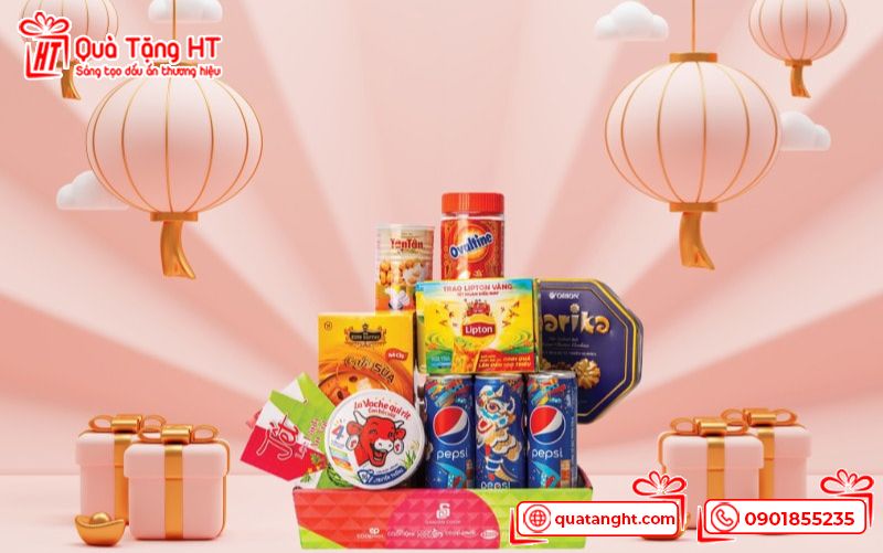 Giỏ quà nước yến, nước trái cây, trà đóng chai